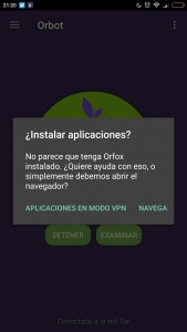 Haz click en "Apps en modo VPN". No es necesario que instales Orfox, puedes usar tu navegador usual.